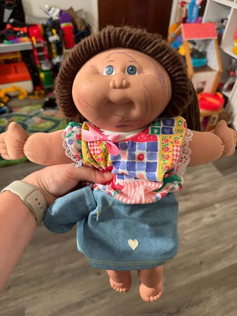 Vintage Cabbage Patch Kids Doll with Brown Yarn Hair and Quilted Patchwork Outfi